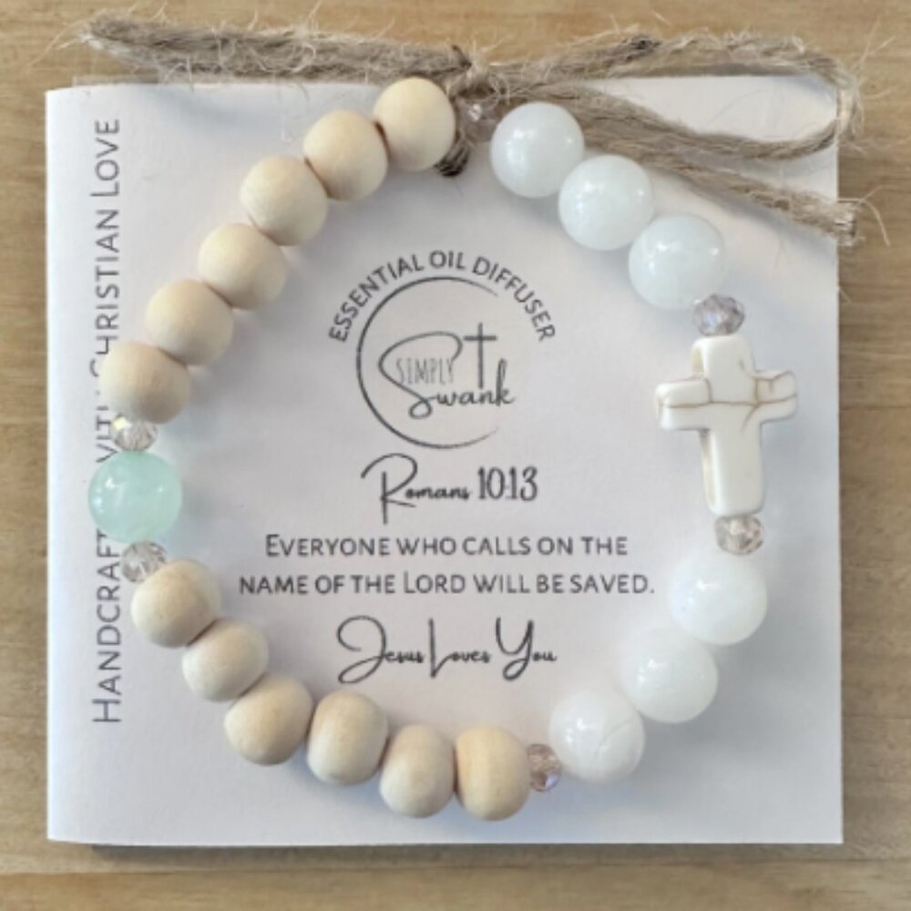 Simply Swank Bracelet - stretchy 7” - Raw Wood, Mint Jade & White Shell
